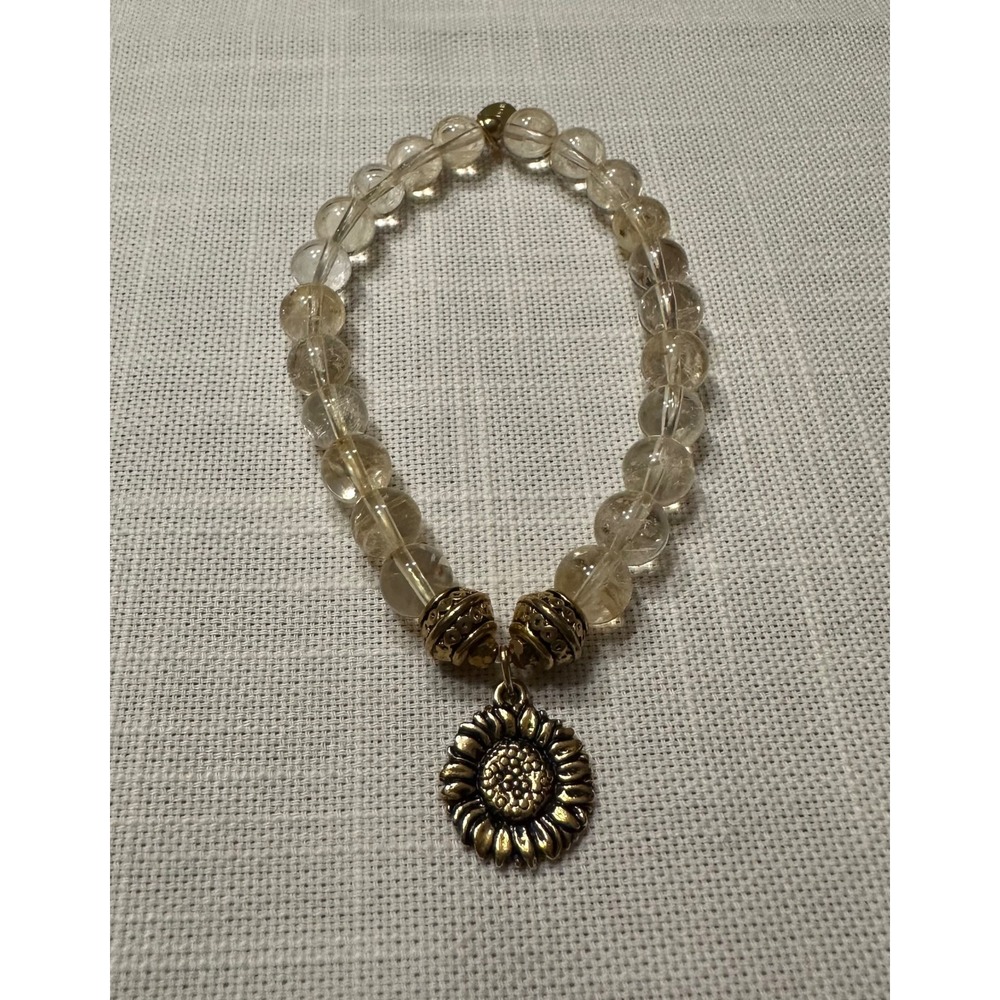 Evadane Beaded Sunflower Charm Bracelet Gold Tone Clear Amber Quartz Stretch